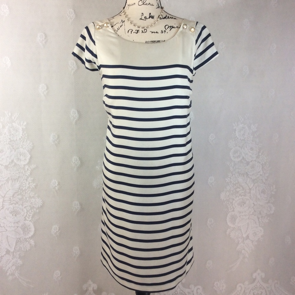 Zara Tan Navy Stripe Silk Sheath Dress L